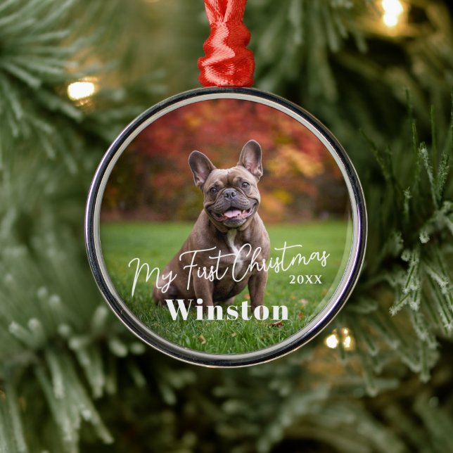 Ornement En Métal My First Christmas Custom Pet Name Photo (Arbre)