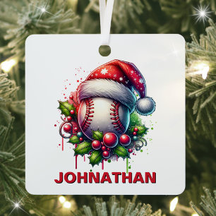 Ornement En Métal Noël Baseball Nom personnalisé avec Santa Hat