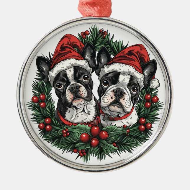 Ornement En Métal Noël Boston Terrier Chiens de vacances Wreath (Devant)