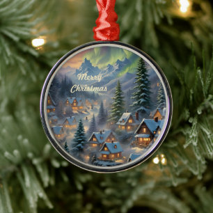 Ornement En Métal Noël dans un village de montagne, lumières polaire