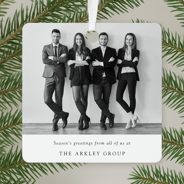 Ornement En Métal Noël d'entreprise | Black and White Business (Custom team photo ornament created for sleek, stylish, and professional corporate gifting)