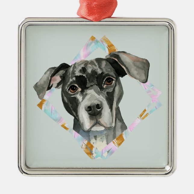 Ornement En Métal Noël mignon d'aquarelle de chien de pitbull (Devant)
