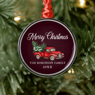 Ornement En Métal Noël Nom de famille Aquarelle Vintage Camion roug