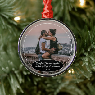 Ornement En Métal Noël personnalisé élégant classique couple photo 1