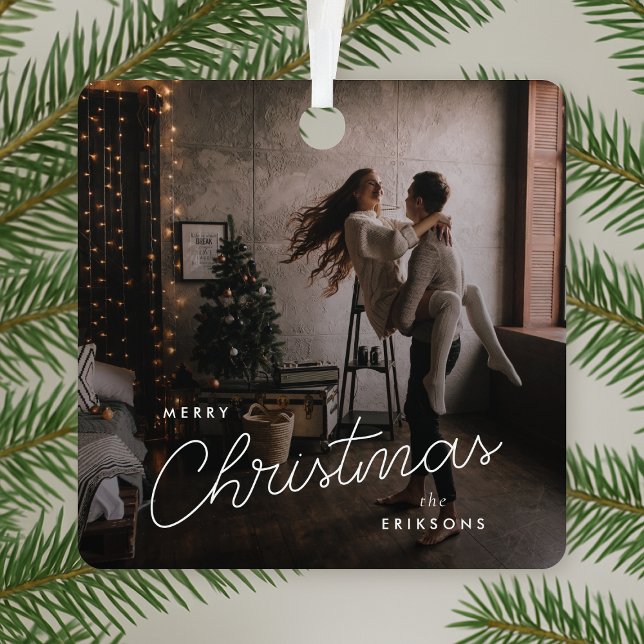 Ornement En Métal Noël tendance moderne | Dark Dusky Couple Photo (Personalized metal photo ornament with dusky tones and stylish modern design aesthetic)