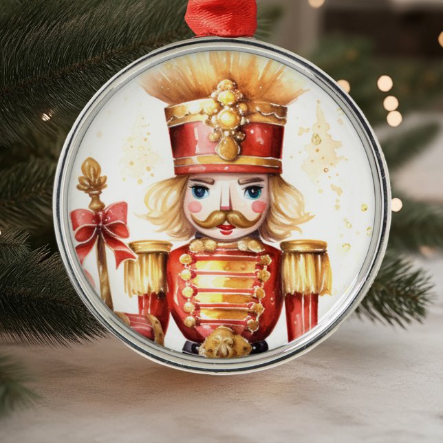 Ornement En Métal Noisette rouge festin or Noël (Red Gold Festive Nutcracker Christmas Metal Ornament)