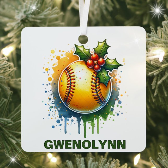 Ornement En Métal Nom personnalisé du softball de Noël (Créateur téléchargé)