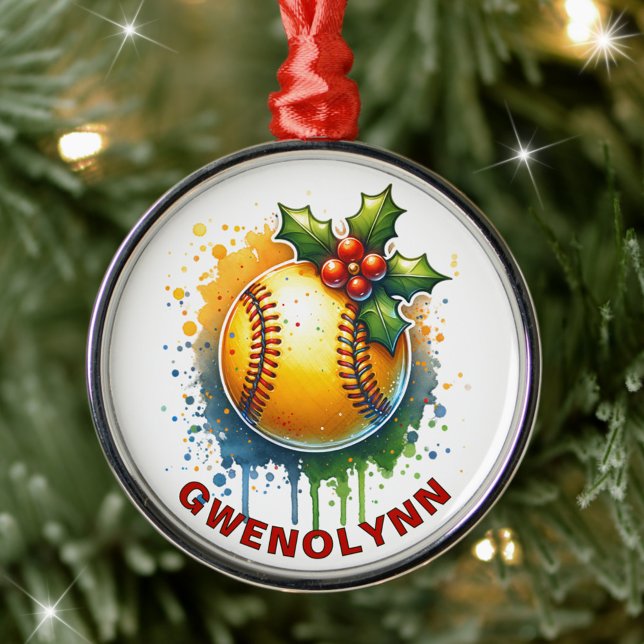 Ornement En Métal Nom personnalisé du softball de Noël (Créateur téléchargé)
