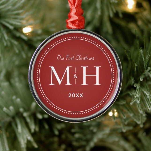 Ornement En Métal Notre premier Noël Nouveau mariés Monogramme Rouge (Arbre)