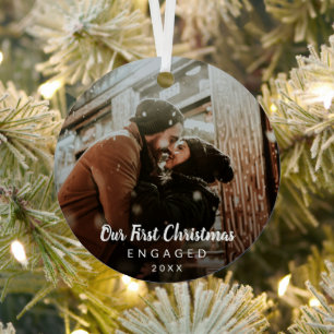 Ornement En Métal Notre première photo de Noël engagé Chalk Script