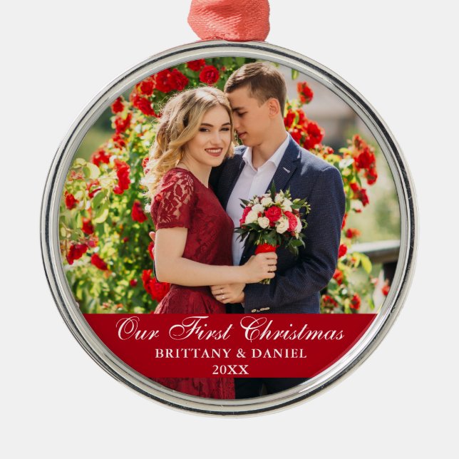 Ornement En Métal Notre première photo en couple de Noël Rouge (Devant)