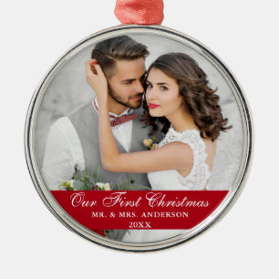 Ornement En Métal Notre première photo Mariage de Noël Rouge