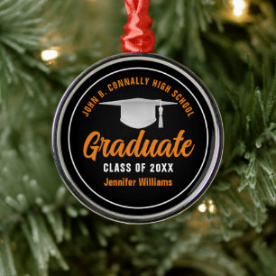 Ornement En Métal Orange Black Graduation Personnalisée Noël