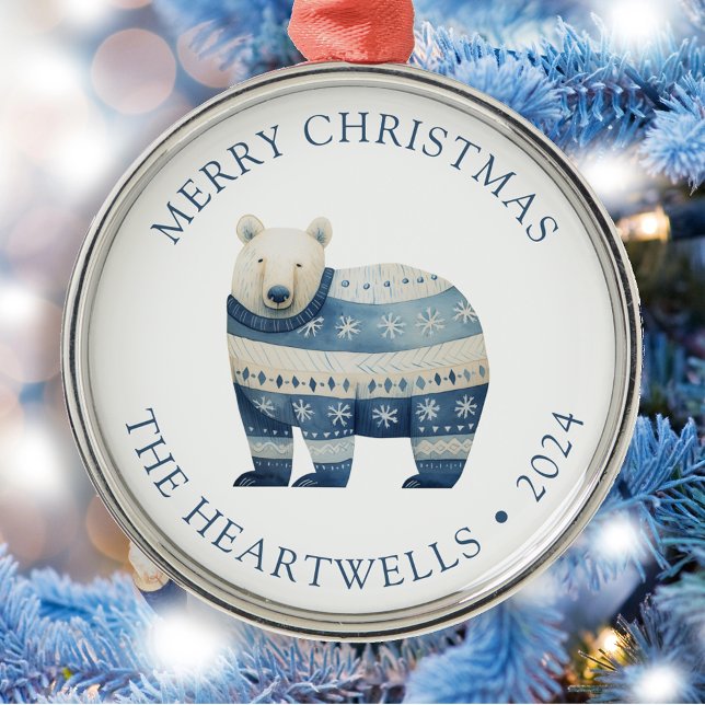 Ornement En Métal Ours bleu polaire personnalisé 2024 Joyeux Noël (Créateur téléchargé)