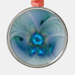 Ornement En Métal Ovations debout, fractale bleue turquoise abstrait