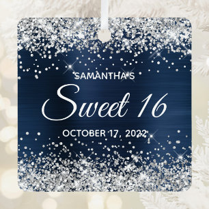 Ornement En Métal Paillettes Argentées Bleu Nuit Ombré Foil Sweet 16