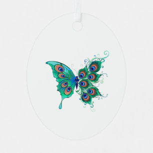 Ornement En Métal Papillon aux plumes de paon vert