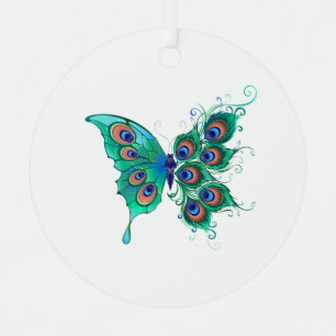 Ornement En Métal Papillon aux plumes de paon vert