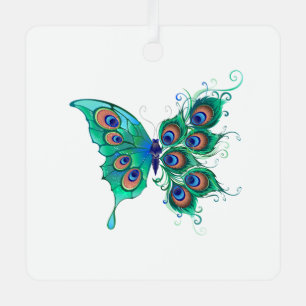 Ornement En Métal Papillon aux plumes de paon vert