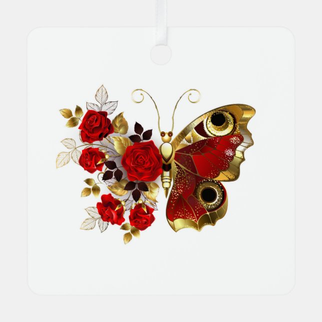 Ornement En Métal Papillon de fleurs rouges aux roses rouges (Recto)