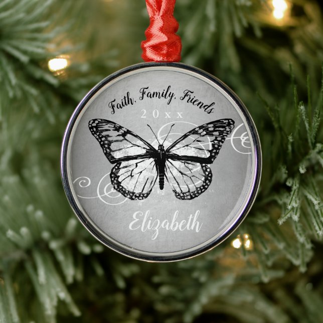 Ornement En Métal Papillon de Noël Faux Noir Monogramme Argent (Arbre)