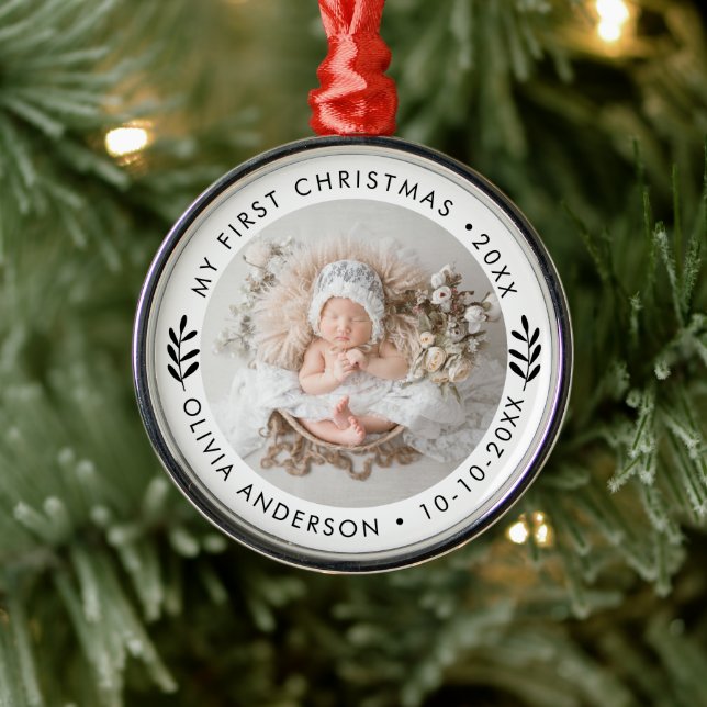 Ornement En Métal Personalized Elegant First Christmas Baby's Photo (Arbre)