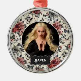 Ornement En Métal Personalized Photo Gothic Rose and Skull Christmas