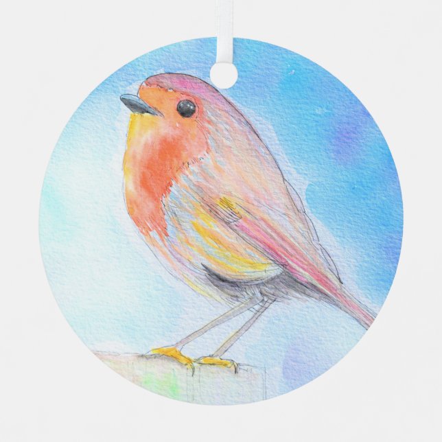 Ornement En Métal Petite peinture à l'aquarelle Robin (Recto)
