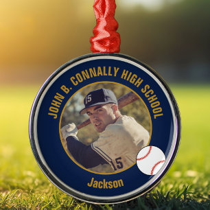 Ornement En Métal Photo de joueur de baseball Navy Blue Gold Noël