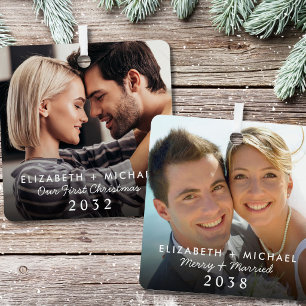 Ornement En Métal Photo de Noël d'un Couple d'Hier et d'Aujourd'hui