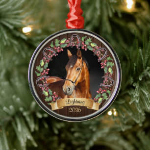 Ornement En Métal Photo personnalisée du Cheval de Noël rustique