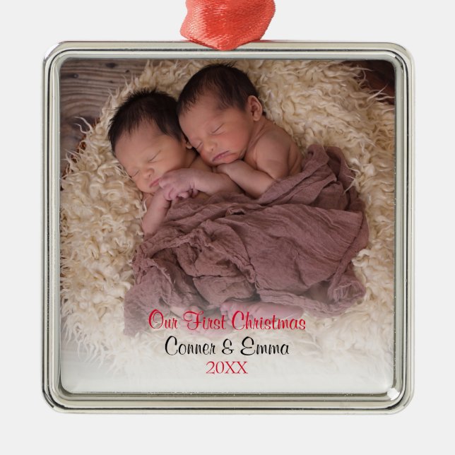 Ornement En Métal Photo Twins Red Babys First Christmas (Devant)