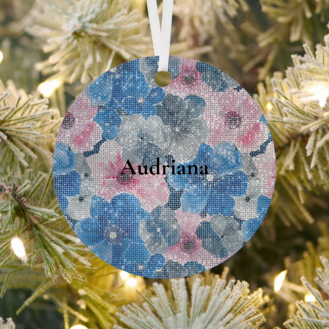 Ornement En Métal Pink Blue Flowers Sparkle (Insitu)