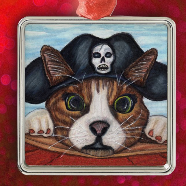 Ornement En Métal Pirate Cute Surprisé Chat (cute green eyes cat hanging on boat wearing black pirate hat on hanging ornament.)