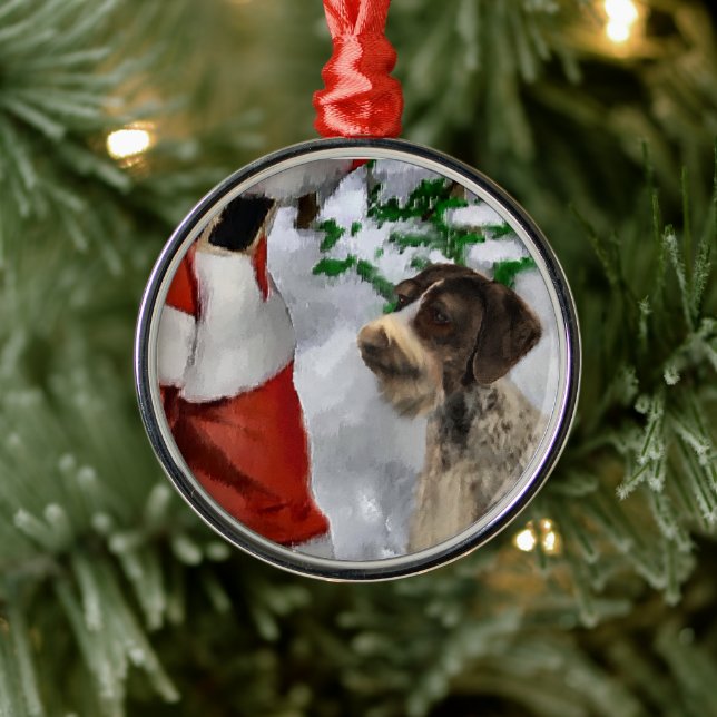 Ornement En Métal Pointeur À poils durs allemand avec Père Noël Chri (Arbre)