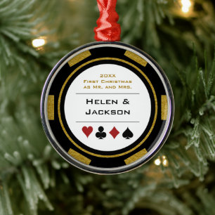 Ornement En Métal Poker Chip Premier Noël Mr & Mrs Black Gold