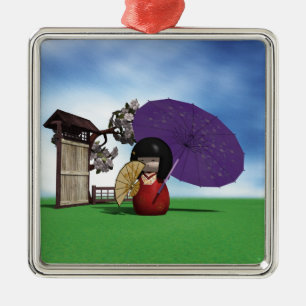 Ornement En Métal Poupée Kokeshi Japonaise Art Cerisier en Fleur