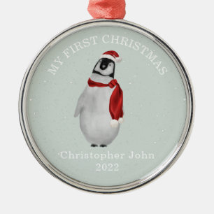 Ornement En Métal Premier Noël Bleu Bébé Garçon Pingouin Neige
