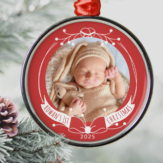 Ornement En Métal Premier Noël de bébé Nom personnalisé Année Photo