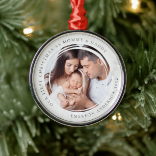 Ornement En Métal Premier Noël en photo de maman et papa marbre