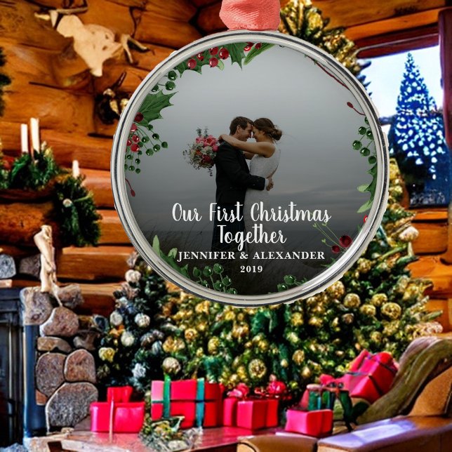 Ornement En Métal Premier Noël Ensemble couple photo de jeunes marié (Unique Our first Christmas together photo ornament. You can add your own photo, names and text.)