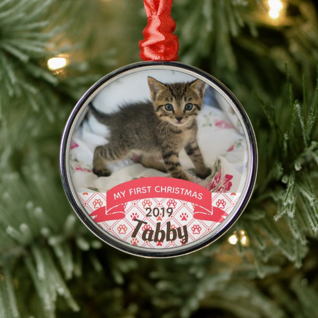 Ornement En Métal Première photo de Noël de Kitten personnalisé (Arbre)