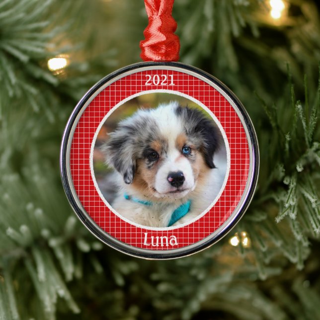 Ornement En Métal Première photo de Noël du chiot personnalisé (Arbre)