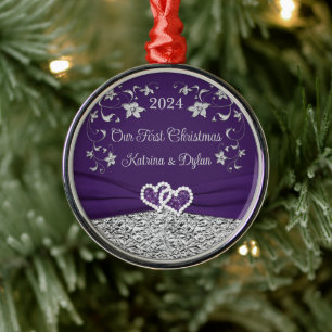 Ornement En Métal Purple, Grey Love Hearts Mariage 1er Noël