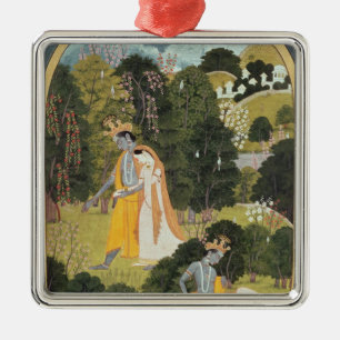 Ornement En Métal Radha et Krishna marchant dans un verger