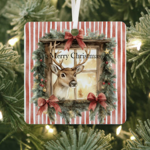 Ornement En Métal Rubans Rouges Nœuds Cerf de Noël dans la Fenêtre