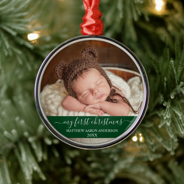 Ornement En Métal Script élégant Mon premier Noël Baby Green (Arbre)