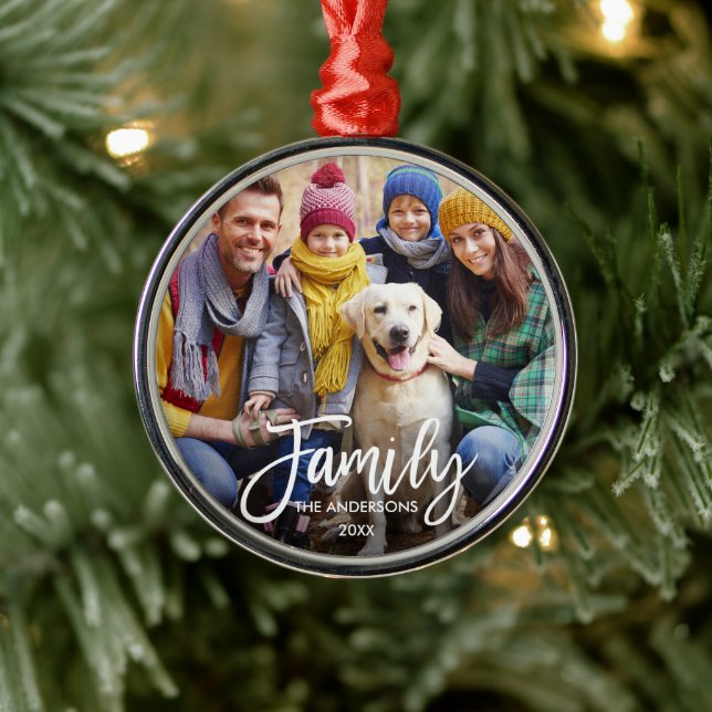 Ornement En Métal Script moderne Brascript Family Photo Round (Arbre)