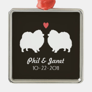 Ornement En Métal Silhouettes blanches de Pomeranian avec le coeur