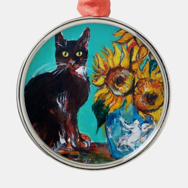 ORNEMENT EN MÉTAL SOUCHES AVEC CHAT NOIR EN TURQUOISE BLEUE (Devant)